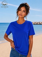 cheap Plain tee-Women's T Shirt Summer Tops Cotton Shirt Tee Top Solid Color Fashion Stylish Basic Short Sleeve Crew Neck Round Neck Regular Tops Casual Daily Beach Blue Khaki Indigo Green with beige Black Summer