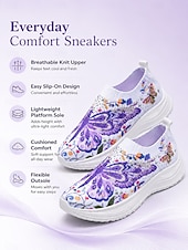 baratos Ténis de mulher-Tênis slip-on feminino roxo vibrante com estampa de borboletas - calçado esportivo leve com plataforma e detalhes em strass. &amp;Tênis casual de malha respirável, ideal para caminhadas leves e passeios