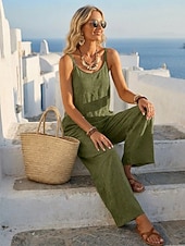  Damen Overall Urlaub Volle Länge Hohe Taille Einfach Tasche Atmungsaktiv Unelastisch Urlaub Formell nicht-gerade weiss Orange Rot Schwarz Militßrgrün Sommer Frühling Lässiger Schnitt