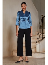 preiswerte Polished Edit-Damen Oberteile Blusen Revers Dreiviertelarm Elegant Alltagstauglich Mutter der Braut Hochzeitsgast mit Chamäleon-Stoff Strass Glitzer Verzierte Taillendetails Tintenblau