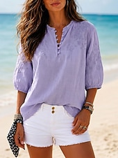 economico Bluse Semplici-Per donna 100% cotone Camicia button-down Tessuto Ricamato Bottoni Vintage Scollo a V Top lunghi Casuale giallo verde Rosa Blu reale Viola Estate Primavera
