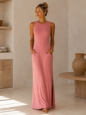 cheap Plain Dress-Women's Maxi Dress Casual Dress Mature Daily Regular Fit Plain Sleeveless Crew Neck Silver rose red Yellow Pink Grey Spring
