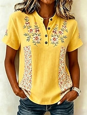 abordables Blusas Florales-Mujer Camisa Botones Estampado Floral Graphic Vintage Elegante Manga Corta Escote en Pico Tops regulares Casual Diario Festivos Blanco Amarillo Rosa Verano Primavera