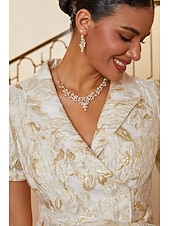 preiswerte Polished Edit-Damen A-Linie Cocktailkleid Kleid für Hochzeitsgäste Knöchellänge Revers Kurzarm Empire-Taille Elegant Vintage Mutter der Braut Formell mit Jacquard Gürtel Blumig Champagner