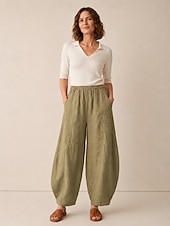abordables Colección de Lino Premium-Pantalones bombachos de lino para mujer, cintura media, largo completo, bolsillo, cintura elástica, vacaciones, azul arroz