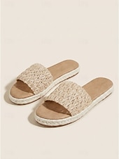 ieftine Sandale tip slide-Sandale damă din rafie țesută - sandale plate din paie, cu vârful deschis, stil boho, pentru vacanța de vară la plajă, sandale espadrile naturale