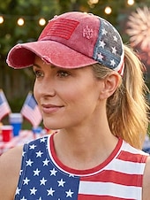 baratos Acessórios-Boné de beisebol feminino patriótico com abertura para rabo de cavalo, algodão lavado. &amp;Boné trucker ajustável em tela, boné de verão multicolorido com a bandeira dos EUA para o 4 de julho, boné para