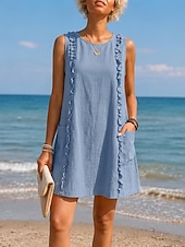 cheap Plain Dress-Women's Knee Length Dress Linen-feel Dresses Shift Dress Vacation Daily Loose Fit Pure Color Sleeveless Crew Neck Blue Coffee brown yellow-green Black Summer