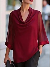  Women's Shirt Blouse Patchwork Solid Color Elegant Streetwear Daily 3/4 Length Sleeve V Neck Regular Tops Casual claret Black Navy Blue Apricot Summer Spring