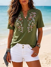  Per donna Top con cuciture in pizzo Patchwork Ricamato Bordo in pizzo Quotidiano Manica Corta Collo a V Casuale Verde militare Estate Primavera