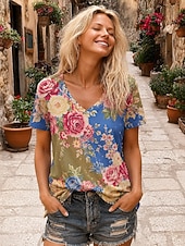  Women's Boho T-shirt Summer Tops Floral Graphic Plants Elegant Bohemia Vintage Short Sleeve V Neck Regular Tops Casual Daily Sports Blue Pink Red Summer Spring