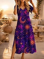 economico Abiti casual-Per donna Abito maxi Abito a trapezio Casual Ferie Data Vestibilità regolare Floreale Grafico Leopardo Manica Corta Scollo a V Giallo Viola Verde Estate Primavera