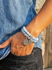 economico Bracciale da donna-Set di braccialetti da donna bohémien a strati con perline di pietra naturale, albero della vita e ciondoli a forma di foglia, gioielli da polso impilabili multicolore in 2 pezzi per l'uso quotidiano,