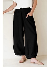 cheap Wide Leg &amp; High Waisted-Women's Wide Leg Cropped Pants Fashion Casual Ankle-Length Medium Waist Solid Color Pocket Comfort Casual Vacation Dark Brown Khaki Black Summer Spring Loose Fit