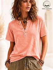  Per donna 100% cotone Maglia Henley Grafico Bandiera Semplice Vintage Moda Elegante Manica Corta Henley Top Regolari Casuale Spiaggia Blu Nero Viola Arancione Rosso rosa Estate Primavera