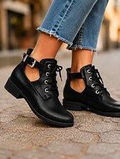 voordelige Botas de combate-Women's Black Cutout Low Heel Combat Boots – Lace-Up Ankle Boots with Adjustable Side Buckle and Durable Non-Slip Sole for Travel and Casual Wear