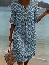  Mulheres Vestido midi Vestidos Para o Verão Vestido A Line Vestido de verão Férias Casual Diário Praia Feriado Normal Gráfico Abstrato Meia Manga Decote V Amarelo Rosa Roxo Verde Verão Primavera