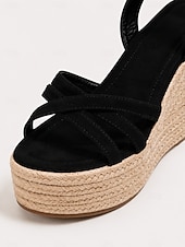 abordables Sandalias de cuña-Sandalias de cuña tipo alpargata para mujer, sandalias de plataforma con tiras y hebilla en el tobillo, zapatos bohemios de verano para la playa, cruceros y vestidos.