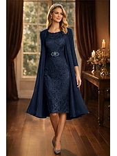economico Set di abiti per la mamma-Set di Abiti Lunghezza Ginocchio Abito da Sposa per Invitate Abito Madre della Sposa Manica Lunga Girocollo Elegante Semplice Invitate di Matrimonio con Colore Solido