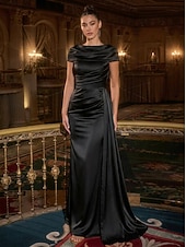economico Abiti da sera a tubino-Sheath Column Floor Length Evening Gown Elegant Empire Waist Evening Half Sleeve Scalloped Neckline Wedding Formal Pocket Satin with Pleats Solid Color