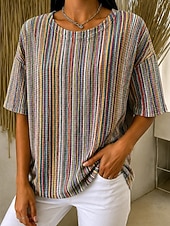 abordables T-shirt rayé et géométrique-Femmes Tee-shirt Gaufre Tops tricotés texturés Graphique Géométrique Rayé Élégant Classique Manche Courte Col ras du cou Hauts Réguliers Occasionnel Quotidien Bleu Jaune Marron clair Orange Ét