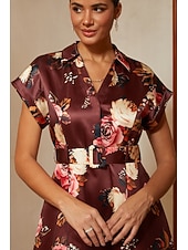 economico Rifinitura-Per donna Linea ad A Abito da Cocktail Abito da invitata a nozze Lunghezza Tè Scollo a V Bavero Manica Corta Spalla scesa Vita Alta Elegante Vintage Madre della sposa Semi-Formale con Raso Stampa