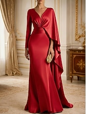 economico Abiti da sera a tubino-Tubino Colonna Strascico a Terra Abito da Sera Abito formale Elegante Stile Celebrità Setoso Senza Maniche Scollo a V Matrimonio Formale Mantelle Raso con Pieghe Arricciato Volant