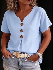  Mujer Camisa Blusa Moda Manga Corta Escote en Pico Tops regulares Casual Blanco Bleu Ciel Verde Trébol Azul Oscuro Rosa Rojo Verano Primavera