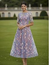 abordables Longueur de cheville-Ligne A Robe Longueur cheville Longueur thé Robe en Dentelle Robe de Cocktail Robe de Mère de Mariée  Manche Courte Demi Manches Col Bateau Élégant ancien Luxueux robe demoiselle d honneur Semi-Formel