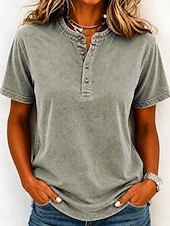 economico Bluse Semplici-softfade™ maglietta henley da donna 100% cotone stile vintage alla moda elegante maniche corte top regolari casual spiaggia blu kaki nero viola arancione primavera