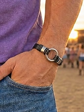 billige Menns smykker-Herrearmbånd i ekte skinn i svart brunt, vintage minimalistisk legeringsringarmbånd for menn, uformelt retro armbåndssmykke til daglig bruk, reise og gave