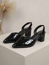 cheap Slingback Pumps-Women's Comfortable Beige Patent Leather Slingback Pumps - Pointed Toe Mid Block Heel Cutout Shoes for Office Work &amp; Business Career