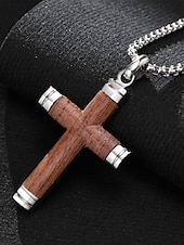 baratos Jóias Masculinas-Colar masculino com pingente de cruz em madeira e liga metálica, corrente em aço inoxidável, joia religiosa, presente para homens maduros, ideal para uso casual no verão, viagens e dia a dia.