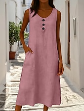 cheap Plain Dress-Women's Midi Dress Shift Dress Elegant Fashion Daily Outdoor Vacation Loose Fit Plain Sleeveless Crew Neck Blue White Yellow Pink Summer