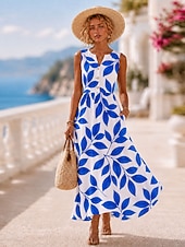 Damen Maxikleid Sommerkleid Urlaub Täglich Heim Outdoor Normale Passform Blumen Ärmellos V Ausschnitt Blau Gelb Purpur Grün Sommer Frühling