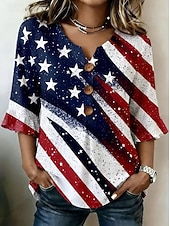  día de la independencia americana Mujer Camisa Botones Estampado Graphic Bandera Estrella Vintage Elegante Manga 3/4 Escote en Pico Tops regulares Casual Diario Festivos Azul Piscina Blanco Rojo Azul