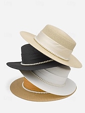 cheap Women's Hats-Women's Flat Top Straw Boater Hat, Pearl Trim Summer Sun Hat, Multiple Colors, Elegant Wide Brim Vacation Beach Hat for Travel, Resort, Garden Party &amp; Daily Wear