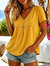 abordables Camisas-Mujer Camisa Camisas de algodón y lino Color sólido Plano Bohemia Vacaciones Vintage Sin Mangas Escote en Pico Tops regulares Casual Azul Piscina Blanco Amarillo Rosa Verano Primavera