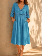 economico Vestito bianco-Per donna Abito Midi Abito in pizzo bianco Abito a trapezio Abito Estivo Casual Spiaggia Vacanza Vestibilità regolare Semplice Mezza Manica Scollo a V Blu Bianco Blu Reale Estate Primavera
