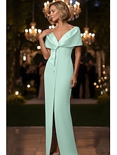 abordables Vestidos de noche ajustados-Funda Columna Hasta el Suelo Vestido formal Vestido de noche Vestidos de noche Elegante Estilo de Celebridad Manga Corta Hombros Caídos Fiesta de Noche Boda con Botones Abertura Chal