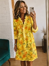  Mujer Vestido hasta la Rodilla Vestido de cambio Vestido informal Elegante Vacaciones Playa Festivos Ajuste regular Floral Graphic Manga Larga Escote en Pico Amarillo Rojo Verde Trébol Verano