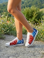 Damskie patriotyczne płócienne trampki z kwiatowym wzorem – czerwono-biało-niebieskie, sznurowane, codzienne buty na Dzień Niepodległości, Dzień Pamięci, obchody Czwartego Lipca i do noszenia na co