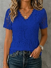 Women's Lace Tops Patchwork Eyelet Lace Trim Elegant Short Sleeve V Neck Casual Blue White Black Pink Red Summer Fall