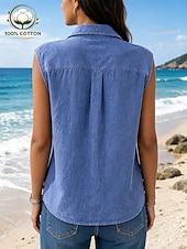  Damen-Tanktop aus 100 % Baumwolle, schlicht, Vintage-Stil, ärmellos, Hemdkragen, normale Passform, lässig, für Alltag, Sommer, Frühling