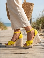 baratos Sandálias de espadrille-Sandálias espadrille femininas amarelas com plataforma e laço - sapatos sensuais de camurça com tira no tornozelo, perfeitos para férias na praia.
