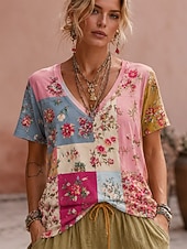 abordables Camiseta floral-Mujer Camiseta bohemia Tops de verano Floral Graphic Plantas Elegante Bohemia Vintage Manga Corta Escote en Pico Tops regulares Casual Diario Deportes Azul Piscina Rosa albaricoque Rosa Verano