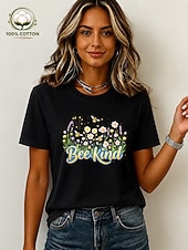 Χαμηλού Κόστους Floral μπλουζάκι-Γυναικεία 100% Bumbac Μπλουζάκι Στάμπα Φλοράλ Γραφική Βίντατζ Στυλάτο Καθημερινό Κοντομάνικο Στρογγυλή Ψηλή Λαιμόκοψη Κανονικά μπλουζάκια Causal Καθημερινά Σαββατοκύριακο Μαύρο Λευκό Ανθισμένο Ροζ
