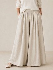 preiswerte Premium-Leinen-Kollektion-Damen-Leinenhose mit weitem Bein, mittelhoher Bund, durchgehende Taschen, elastischer Bund, Vintage-Stil, Resort-Look, lässig, Reisweiß