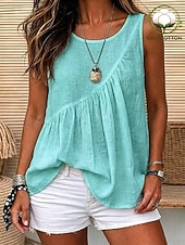  Damen Gewaschene Baumwolle Camisole-Tanktop Gerafft Textur Asymmetrisch Einfarbig Einfach Retro Vintage Ärmellos Rundhalsausschnitt Lange Oberteile Lässig Weiß Hellgrün Sommer Frühling