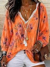 cheap Lace Tops-Women's Shirt Eyelet Top Lace Shirt Lace Splicing Top Jacquard Ombre Floral Graphic Elegant Bohemia Active Long Sleeve V Neck Long Tops Casual Beach Holiday White Pattern Orange Summer Spring Fall